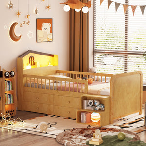 English Elm Low Twin Loft Bed with House-Style Headboard and Built-In LED Lights for Modern Kids' Rooms Natural 42.91 L x 28.35 W x 6.69 H W2593S00007