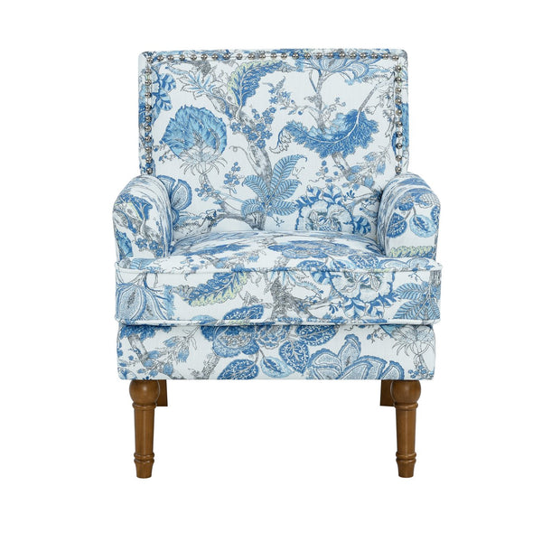 English Elm Accent Slipper Chair Botanical Tapestry Upholstery Nailhead Trim Solid Wood Legs Farmhouse Blue W5568P445699