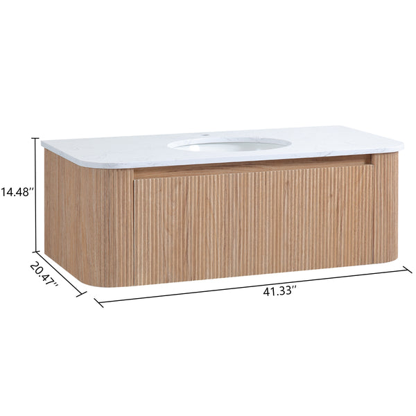 English Elm Arcora Floating Wall Vanity with Carrara Marble Top Ceramic Sink and Soft Close Drawer W3235S00009