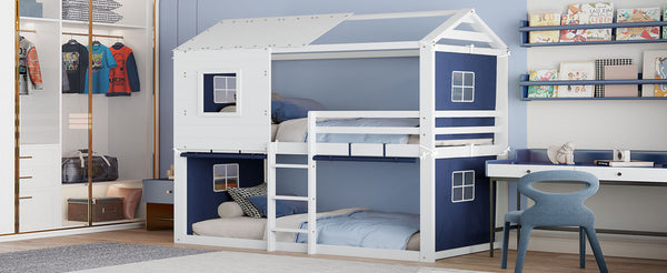 English Elm Twin Treehouse Bunk Bed Solid Pine Playhouse Frame with Cozy Canvas Tent Hideaway LT000379AAC-1