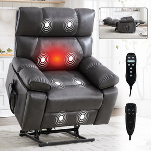 English Elm Dark Grey Leatheraire Power Lift Recliner Dual Motor Massage Heat Heavy Duty W1803P340317