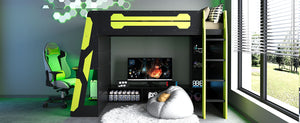 English Elm Twin Gaming Loft Bed with Desk Rgb Lighting and Multi-tier Shelves for Teen Rooms Green LT000160AAG