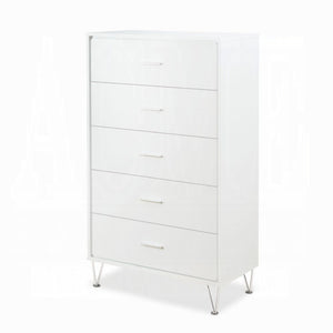 English Elm White 5-Drawer Chest For Modern Storage | Crisp Finish, Polished Chrome Legs & Effortless Access B062P209028-GIGA