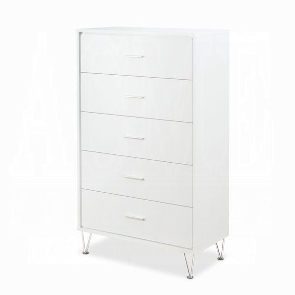 English Elm White 5-Drawer Chest For Modern Storage | Crisp Finish, Polished Chrome Legs & Effortless Access B062P209028-GIGA