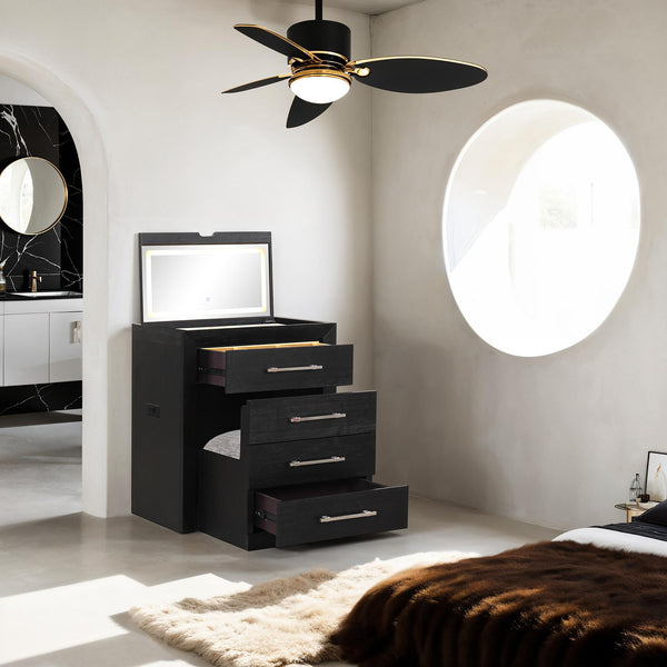 English Elm Bedside Vanity Set with LED Mirror, Jewelry Storage, Charging Ports, Felt Lined Tray, Stool Storage Black 34 L x 22 W x 39 H B2741P380815