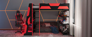 English Elm Full Size Gaming Loft Bed with Led Lighting Desk Shelves and Usb Charging Ports Black+Red N820S00076J