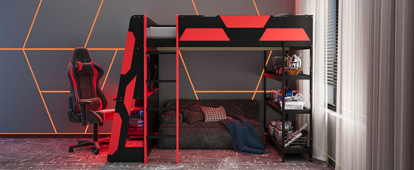 English Elm Full Size Gaming Loft Bed with Led Lighting Desk Shelves and Usb Charging Ports Black+Red N820S00076J
