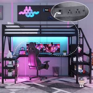 English Elm Metal Queen Loft Bed with L Shaped Desk Wardrobe Rgb Lighting and Usb Charging W2593S00065
