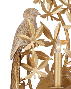 Currey & Company Aviary Gold Wall Sconce: Elegant Biophilic Design With Floral Motifs & Dimmable Single Bulb Ambiance Gold Wrought Iron ,Composite 5000-0281-currey-company