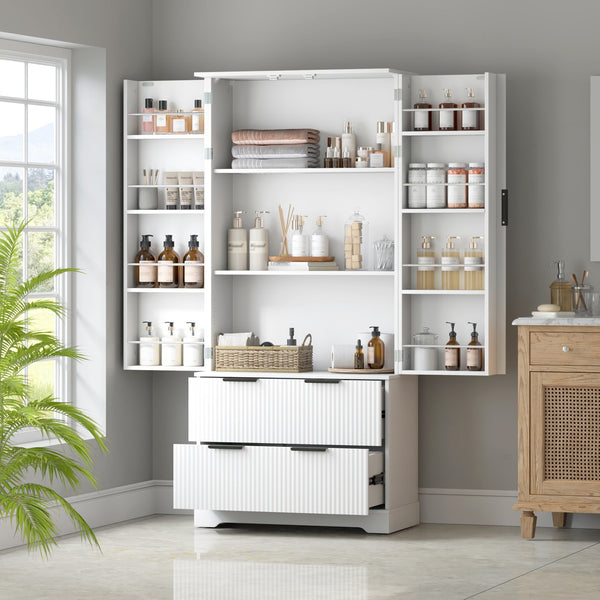 English Elm 72" Modern Fluted Pantry Cabinet with 2 Large Silent Drawers, 8-Door Spice Rack & Adjustable Shelf Organizer White W2917P294993