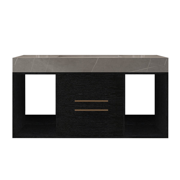 English Elm 39.4 Inch Floating Bathroom Vanity Sintered Stone Top Solid Wood 2 Soft Close Drawers W3136S00037