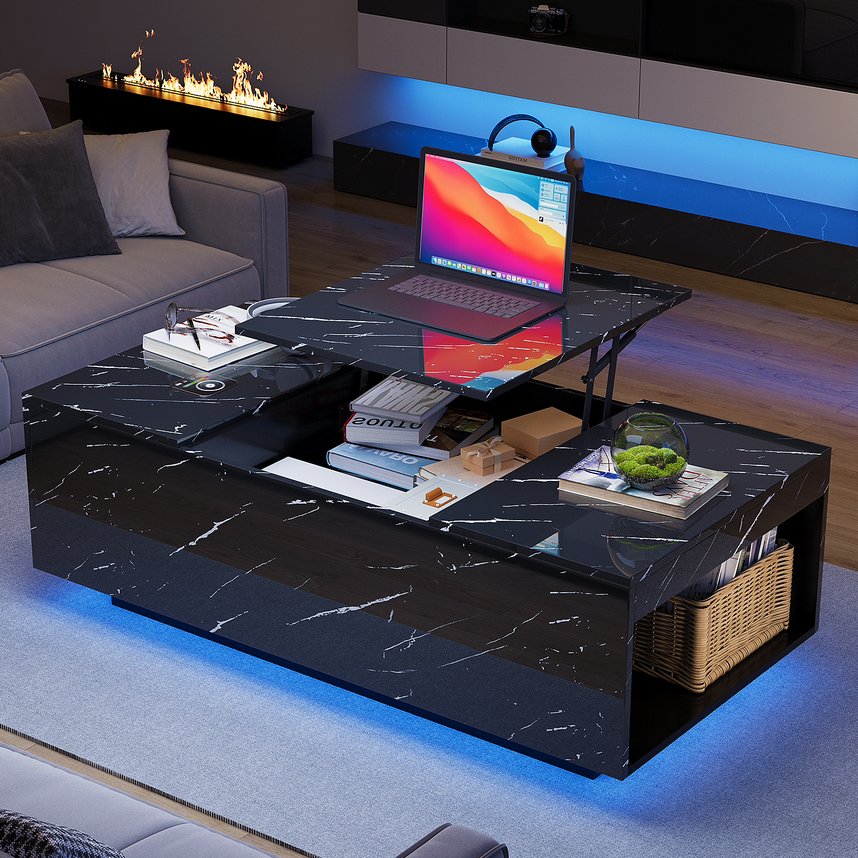 English Elm Coffee Table with Led Lighting Bluetooth Speaker Wireless Charging and Faux Marble Top T3773P415730