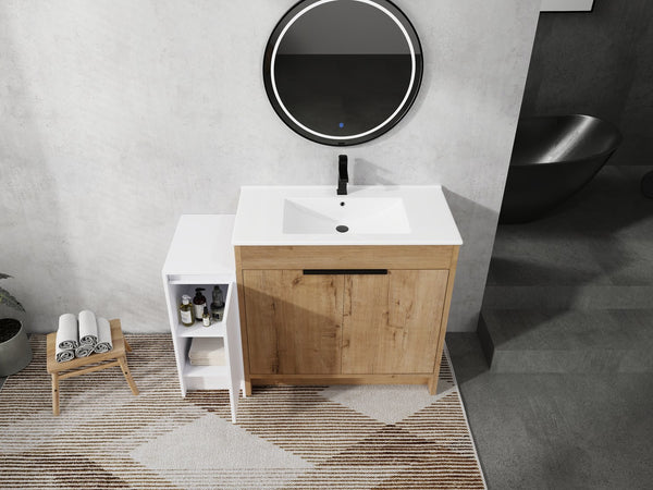 English Elm 48 Inch Freestanding Bathroom Vanity With Soft-Close Doors, Ceramic Sink & Ample Storage Space W999S00311