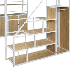 English Elm Full Size Metal Loft Bed with Desk, Storage Staircase, Wardrobe & Shelves — Space-Saving White GX002219AAK