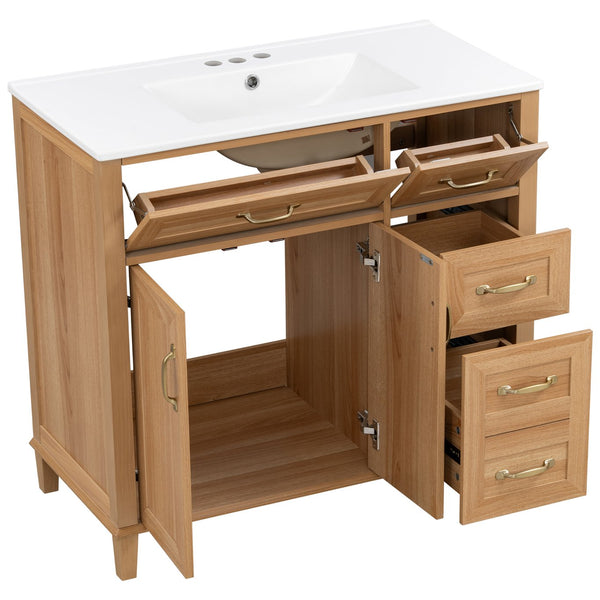 English Elm [video] 36 Inch Freestanding Bathroom Vanity with Ceramic Sink and Soft Close Storage N759P395344N