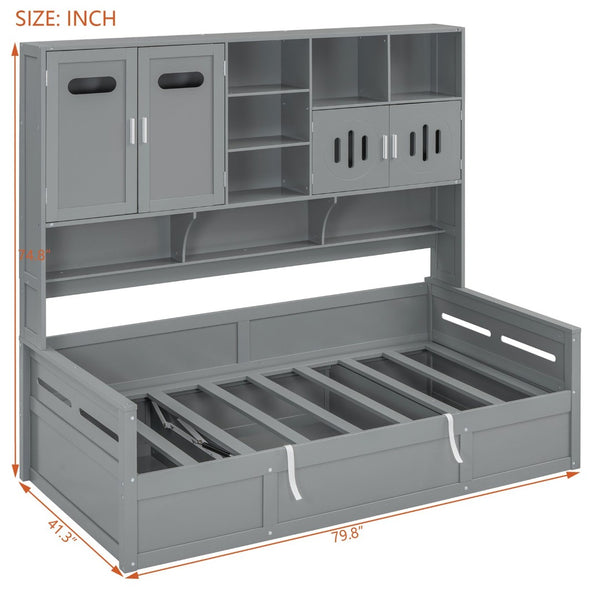 English Elm Twin Size Wooden Daybed With Hydraulic Lift & Integrated Storage Cabinet For Space-Saving Style N820S00046E-GIGA