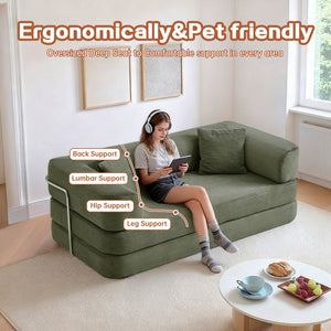 English Elm Floor Sofa Bed Modular Corduroy Convertible Lounge with Steel Frame for Living Room Antique Green W3565P397194