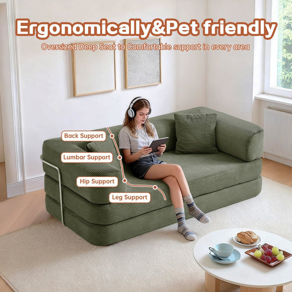 English Elm Floor Sofa Bed Modular Corduroy Convertible Lounge with Steel Frame for Living Room Antique Green W3565P397194