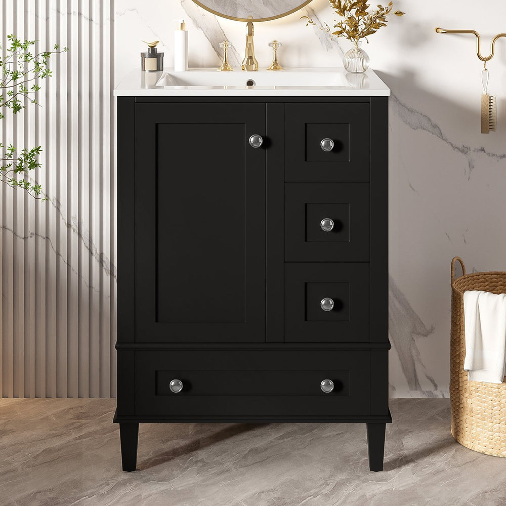English Elm 24-inch Matte Bathroom Vanity Rubberwood Cabinet with Ceramic Sink and Soft-close Drawers Black N729P377516B