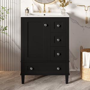 English Elm 24-inch Matte Bathroom Vanity Rubberwood Cabinet with Ceramic Sink and Soft-close Drawers Black N729P377516B
