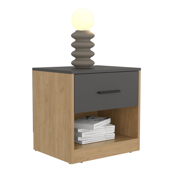 English Elm Kemp Modern Nightstand in Matt Grey & Macadamia — Engineered Wood, Smooth-Glide Drawer, Open Shelf B092P286125