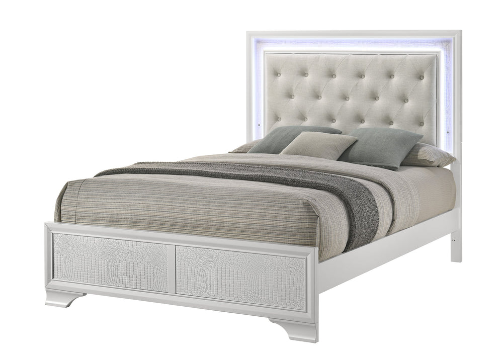 English Elm 1pc Luxurious Tufted Panel Bed with Embossed Crocodile Pattern and Integrated LED Backlit Headboard, Queen Oat,White 59.76 L x 36.3 W x 4.76 H B011S01954