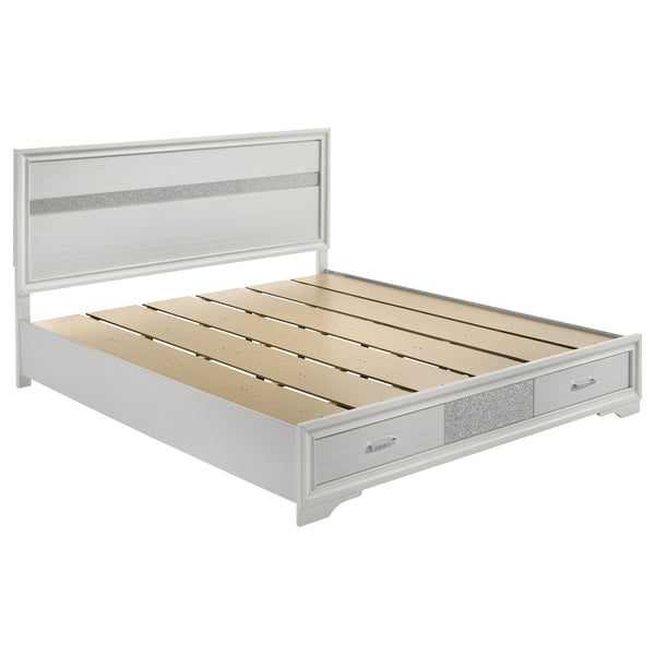 English Elm May 2-Drawer Platform Eastern King Storage Bed with Shimmery Foil Headboard and Rhinestone Pulls craftsmanship and glamour combined for dreamy modern bedroom allure White B062S01087