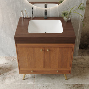 English Elm Mid-century Freestanding Bathroom Vanity Marble Stone Top Ceramic Sink Gold Legs W3136S00064