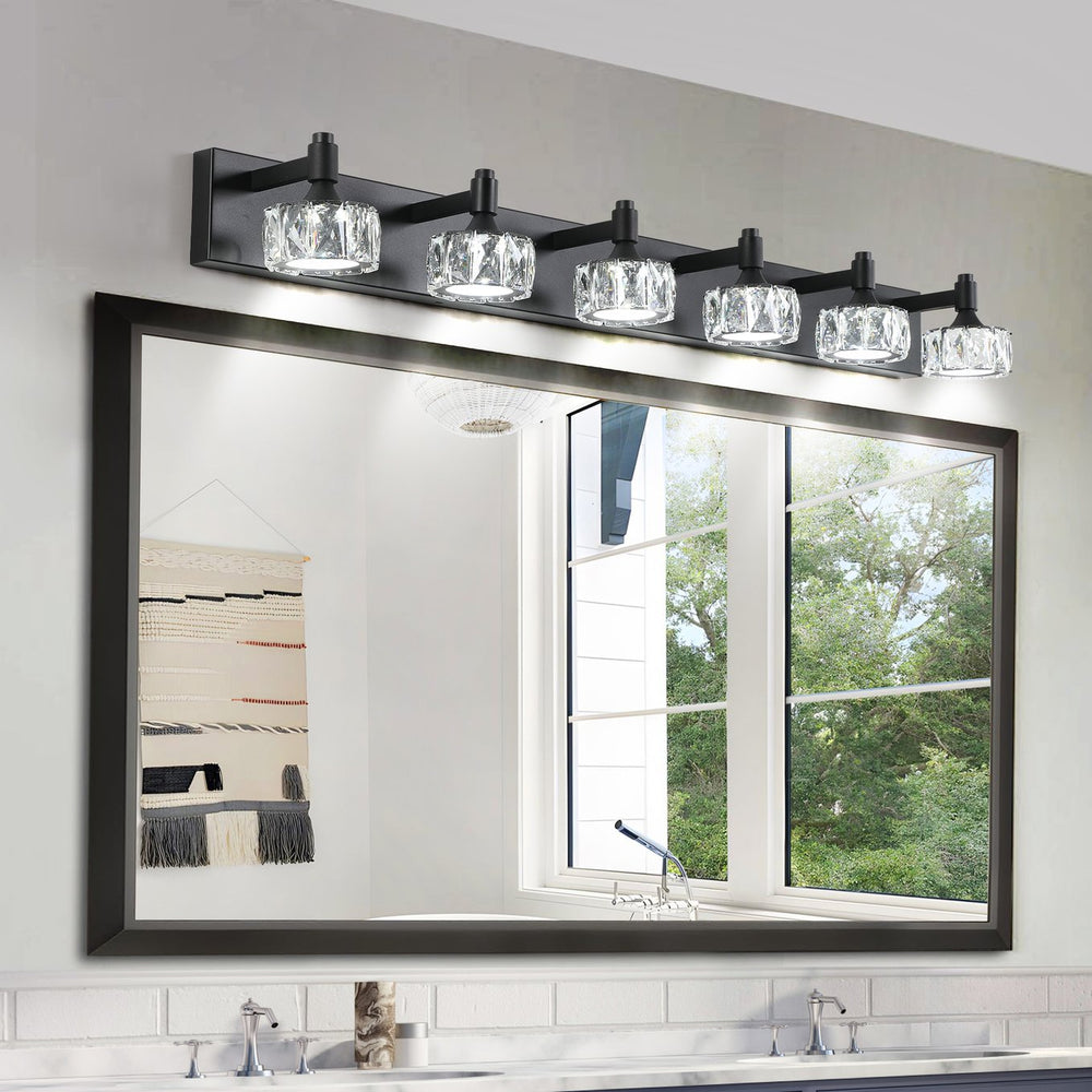 English Elm Modern 6-Light Matte Black Led Vanity Light With Crystal Shades - Elegant Bathroom Wall Sconce W2312P374904