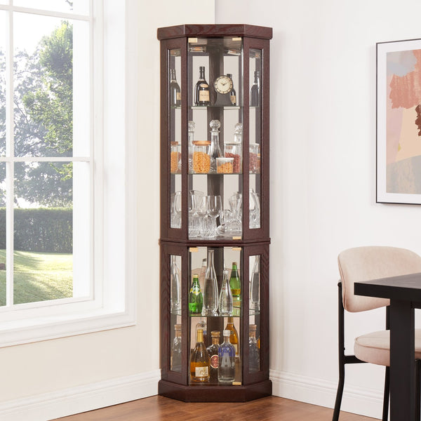 English Elm Corner Curio Cabinet Lighted Glass Display Case with Mirrored Back for Living Room W2275P194428
