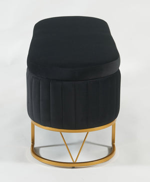 English Elm Oval Velvet Storage Bench with Metal Legs — Luxurious Upholstered Ottoman with Lift-Top Storage, 300lb Capacity, Modern Decorative Seating Black T3903P372931
