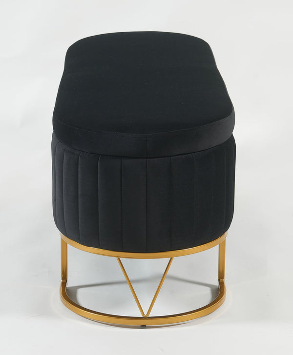 English Elm Oval Velvet Storage Bench with Metal Legs — Luxurious Upholstered Ottoman with Lift-Top Storage, 300lb Capacity, Modern Decorative Seating Black T3903P372931