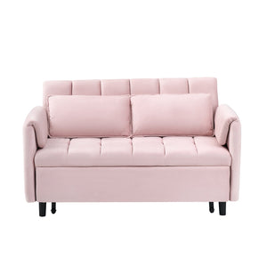 English Elm 52 Pink Modern Velvet Sofa Bed 3-in-1 Convertible Loveseat with Pillows, Pockets, Metal Legs, Compact Design W1658P266338