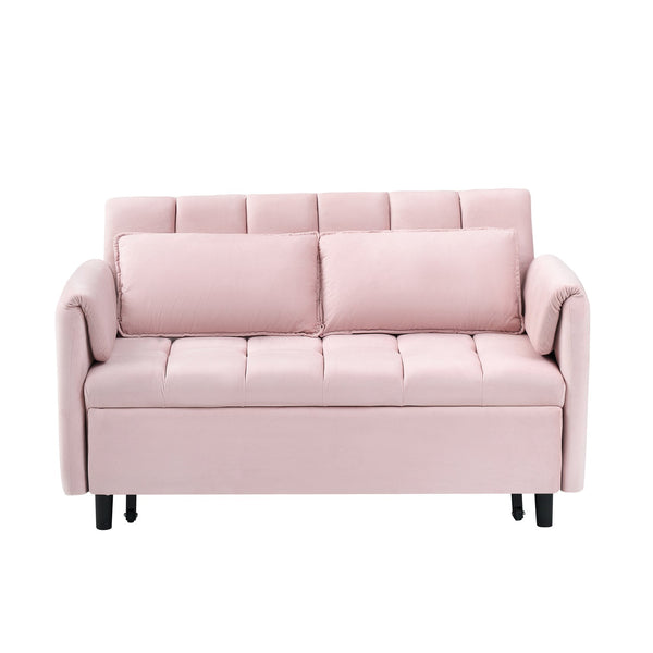 English Elm 52 Pink Modern Velvet Sofa Bed 3-in-1 Convertible Loveseat with Pillows, Pockets, Metal Legs, Compact Design W1658P266338