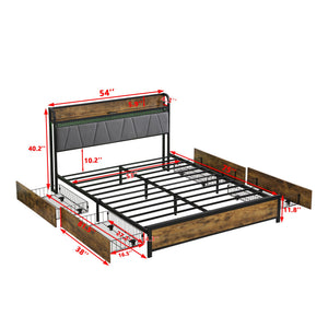 English Elm Full Platform Storage Bed with Led Lighting Charging Station and Four Underbed Drawers W2297P218120