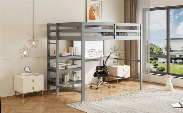 English Elm Twin Loft Bed with Built-in Desk Shelving and Dry-erase Board for Kids Rooms Gray LT100320AAE