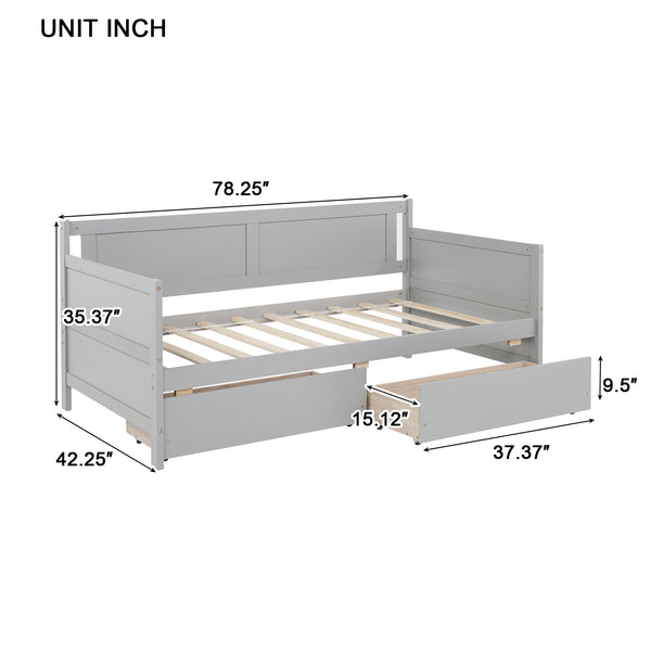 English Elm Twin Pine Wood Daybed with Two Hidden Storage Drawers, Space-Saving Twin Sofa Bed with Clean Silhouette Grey W504P149044