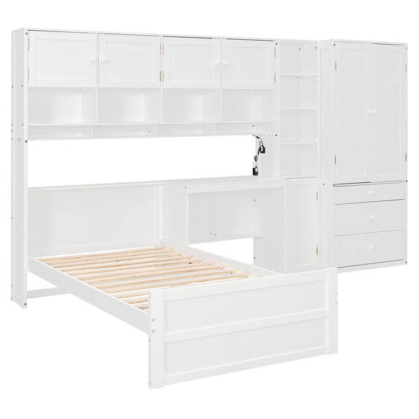 English Elm Wooden Twin Loft Bed with Built-in Desk Wardrobe Storage Drawers and Led Lighting N820S00069K