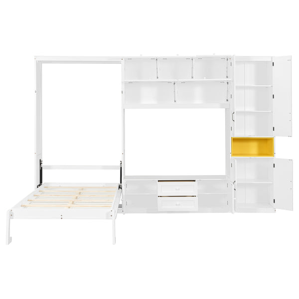 English Elm Twin Murphy Wall Bed with Integrated Tv Stand Open Shelving and Cabinet Storage LP000768AAK