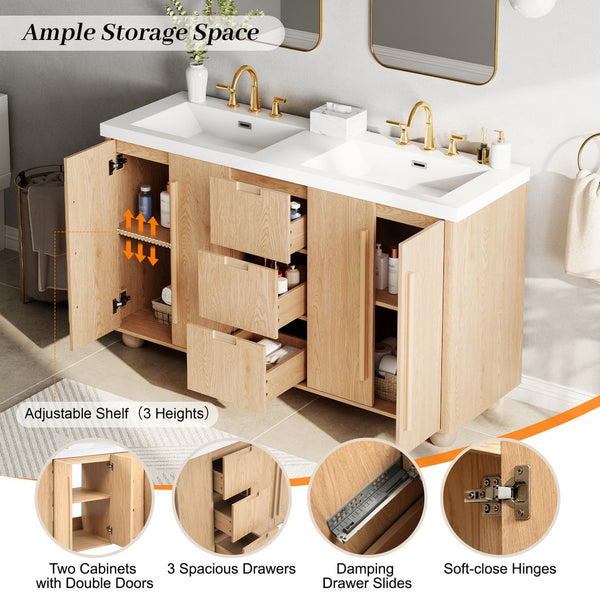 English Elm [video] 59 Inch Double Sink Vanity with Wood Grain Mdf Soft Close Doors and Resin Basins N759S425430N