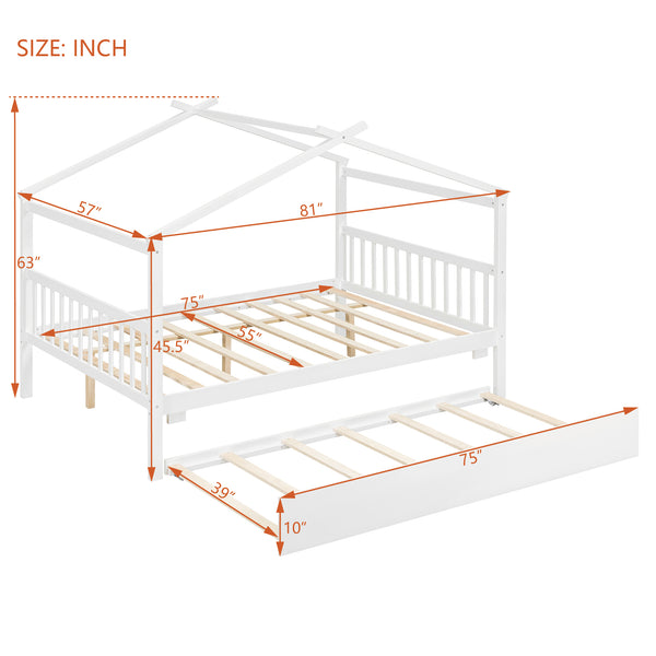 English Elm Full Size House Bed Solid Pinewood Frame with Pull Out Twin Trundle for Kids White LP000305AAK-1