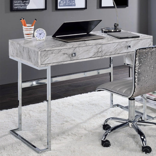 English Elm Rectangular Modern Writing Desk With Chrome Base And Luxe White Faux Marble Top For Stylish Offices B016P311828-GIGA