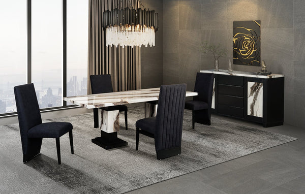 English Elm STACEY Zebra Faux Marble Dining Table in White/Black – Solid Wood/MDF Pedestal Base, Accent Legs B201S00096