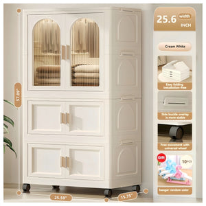 English Elm 25.59" Folding Wardrobe Cabinet on Wheels with Magnetic Door and Hanging Rod Storage W2873P207533