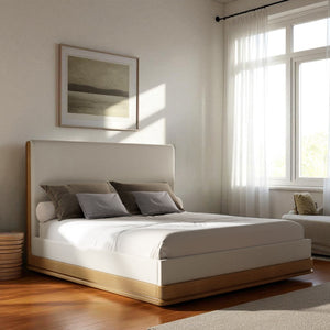 English Elm Zoey Elegant Fabric & Oak Bed Frame with 13 Slats, Wire-Brushed Oak Veneer, 660lb Capacity Beige 87.8 L x 15.75 W x 9.06 H B2726S00521