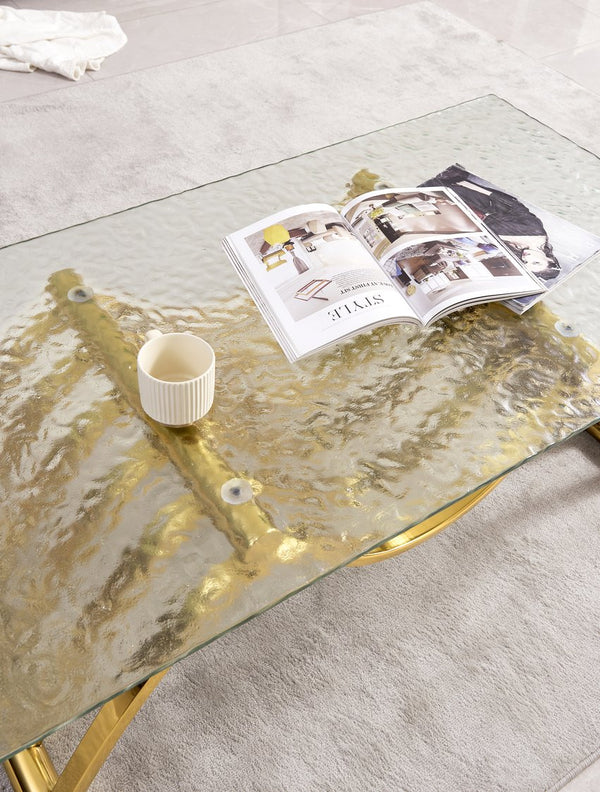 English Elm 47" Rectangle Modern Coffee Table With Ripple Glass Top, Gold Stainless Steel Frame, Easy Assembly W2978S00015
