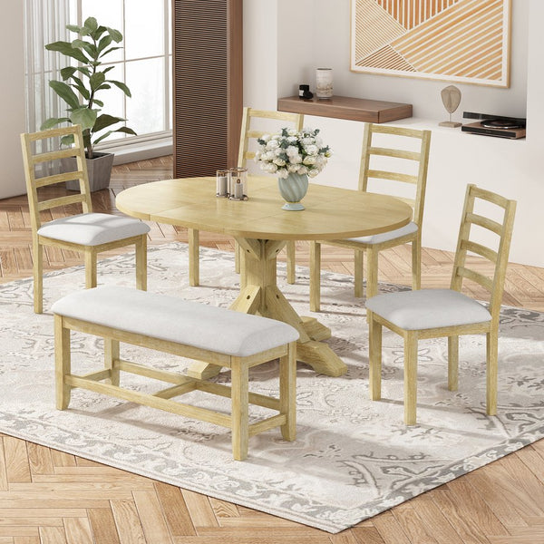 English Elm Topmax Farmhouse Extendable Pedestal Dining Set Seats Six with Ladder Back Chairs Natural+Beige N717S000060N
