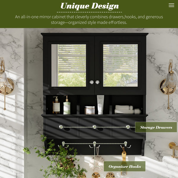 English Elm 4-in-1 Wall Mounted Bathroom Cabinet with Mirror Drawers and Towel Hooks Vanity Black N710P405416B