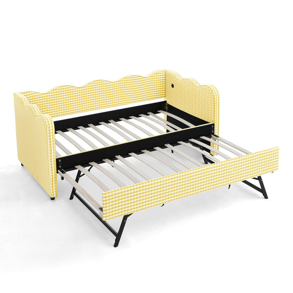 English Elm Cozy Gingham Linen Daybed with Pull Out Trundle Usb Port Wave Back Twin Sofa Yellow W1413S00121