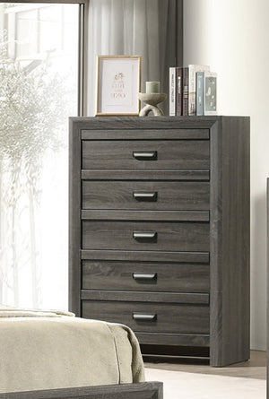 English Elm 1pc Rustic Contemporary Chest with Five Drawers, Metal Pulls, Distressed Finish for Stylish Bedroom Storage Gray 33.82 L x 18.19 W x 51.37 H B011P368147